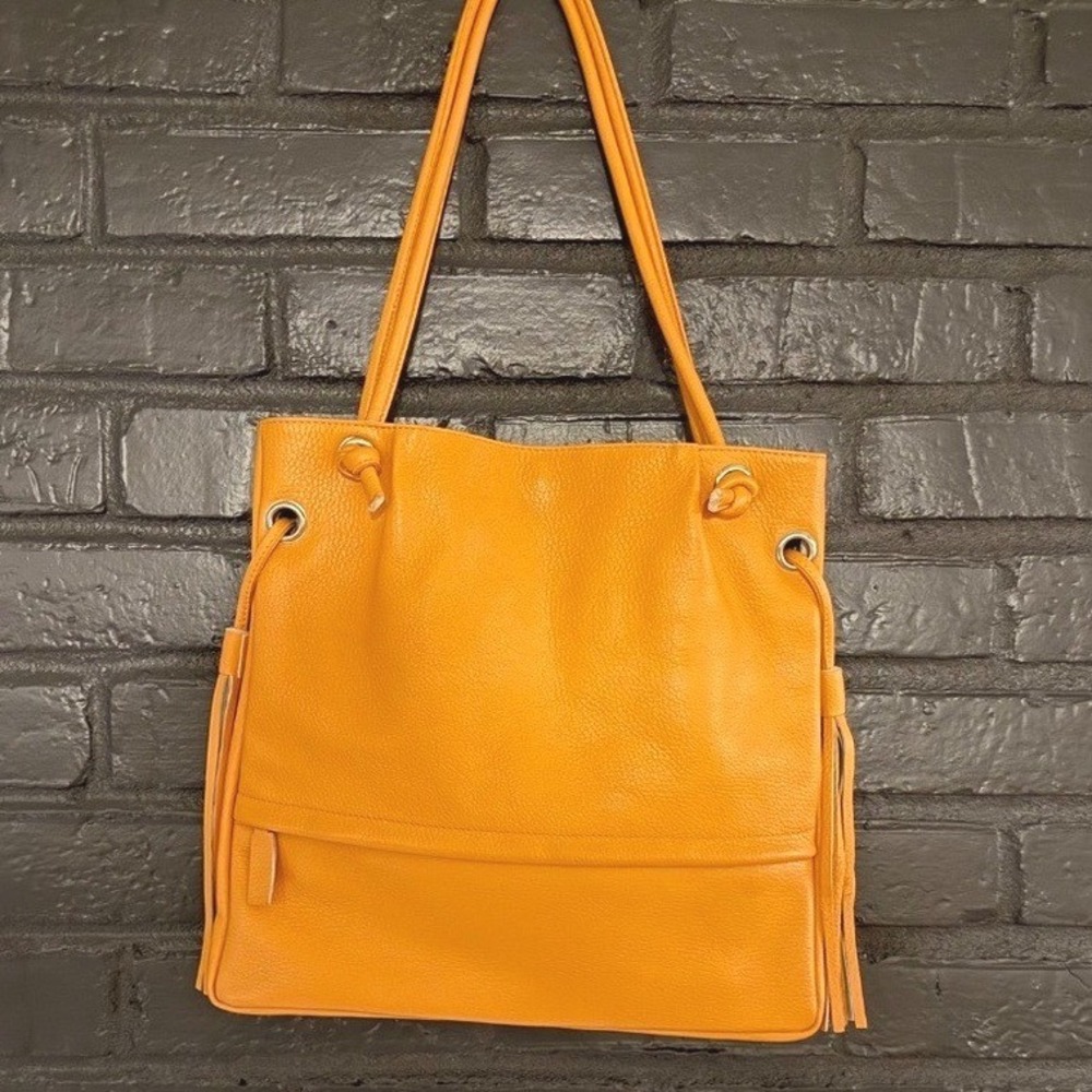 Falor Italy Orange Genuine Leather Tote Shoulder Bag Tassels Silver Hardware‎